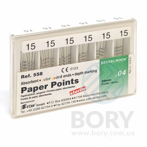 Паперові штифти конусні марковані sterile Absorbent Paper Points depth marking VDW, 120шт