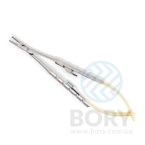 Иглодержатель Castroviejo Needle Holder curved изогнутый 150мм UNICORN Medical Instruments № 1924/TC 150mm Gold (Tungsten Carbide Inserts)