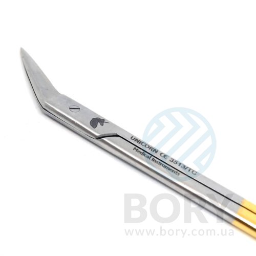 Ножиці хірургічні зігнуті під кутом 45 градусів Iris Surgical Scissors 45° angled tip 120мм UNICORN Medical Instruments № 3513/TC Gold (Tungsten Carbide Inserts)