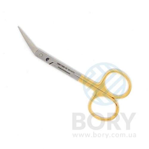 Ножиці хірургічні зігнуті під кутом 45 градусів Iris Surgical Scissors 45° angled tip 120мм UNICORN Medical Instruments № 3513/TC Gold (Tungsten Carbide Inserts)