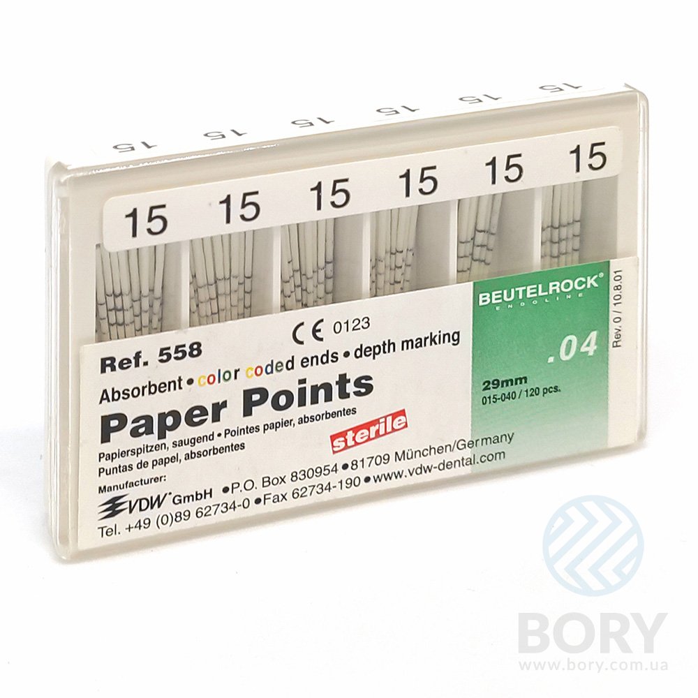 Паперові штифти конусні марковані sterile Absorbent Paper Points depth marking VDW, 120шт