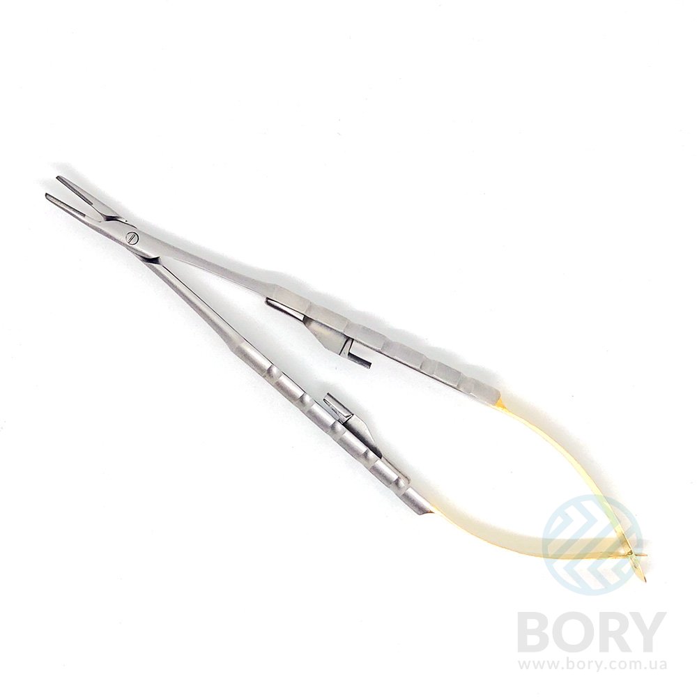 Голкотримач Castroviejo Needle Holder curved вигнутий 150мм UNICORN Medical Instruments № 1924/TC 150mm Gold (Tungsten Carbide Inserts)
