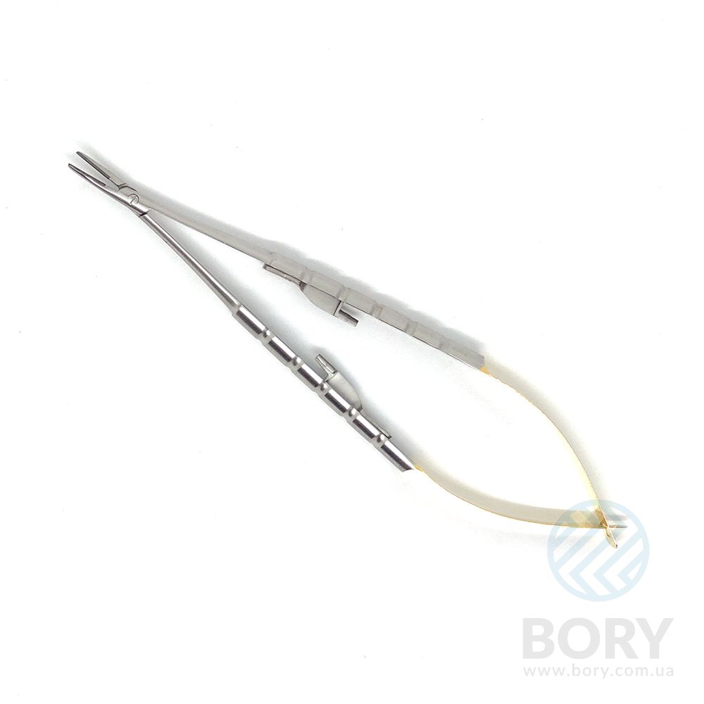 Иглодержатель Castroviejo Needle Holder curved изогнутый 160мм UNICORN Medical Instruments № 1922B/TC 160mm Gold (Tungsten Carbide Inserts)
