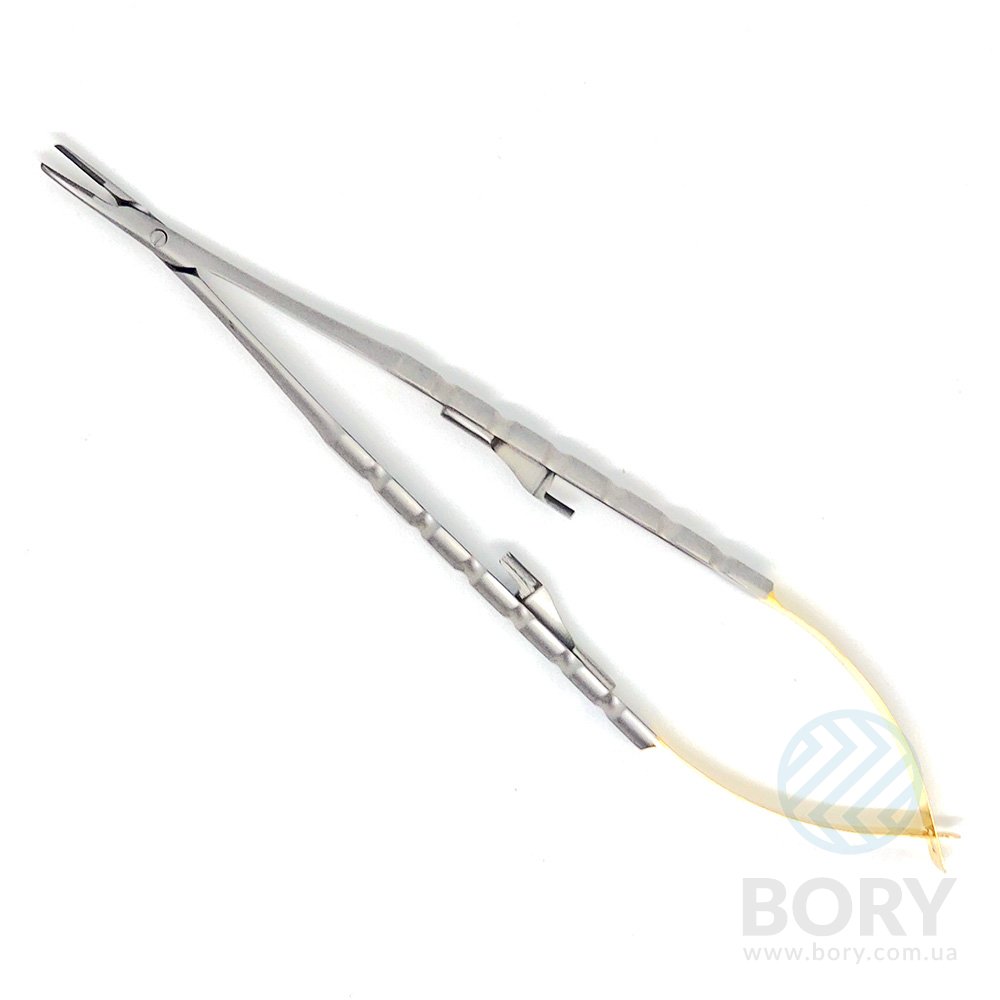 Голкотримач Castroviejo Needle Holder curved вигнутий 180мм UNICORN Medical Instruments № 1923/TC 180mm Gold (Tungsten Carbide Inserts)