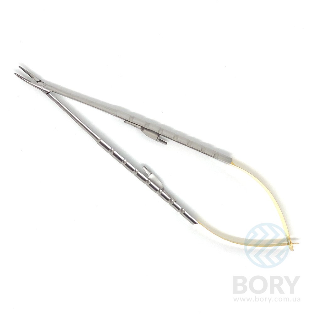 Иглодержатель Castroviejo Needle Holder curved изогнутый 180мм UNICORN Medical Instruments № 1922B/TC 180mm Gold (Tungsten Carbide Inserts)