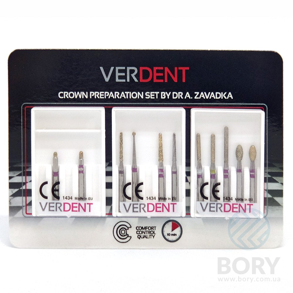 Crown Preparation Set by dr A. Zavadka Verdent набор боров для препарирования зуба под коронку Андрея Завадки, 11шт