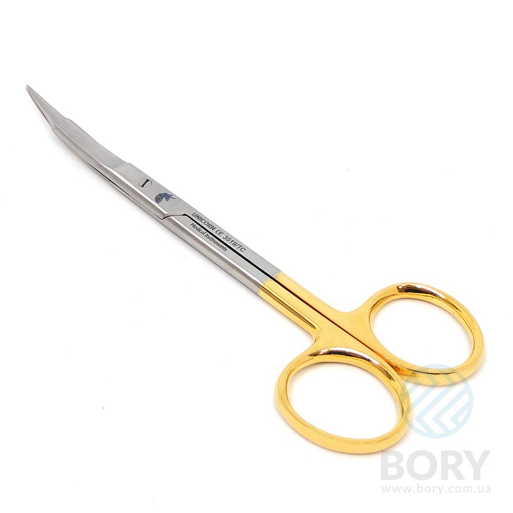 Ножницы хирургические изогнутые Goldman-Fox Surgical Scissors Curved 130мм UNICORN Medical Instruments № 3519/TC Gold (Tungsten Carbide Inserts)